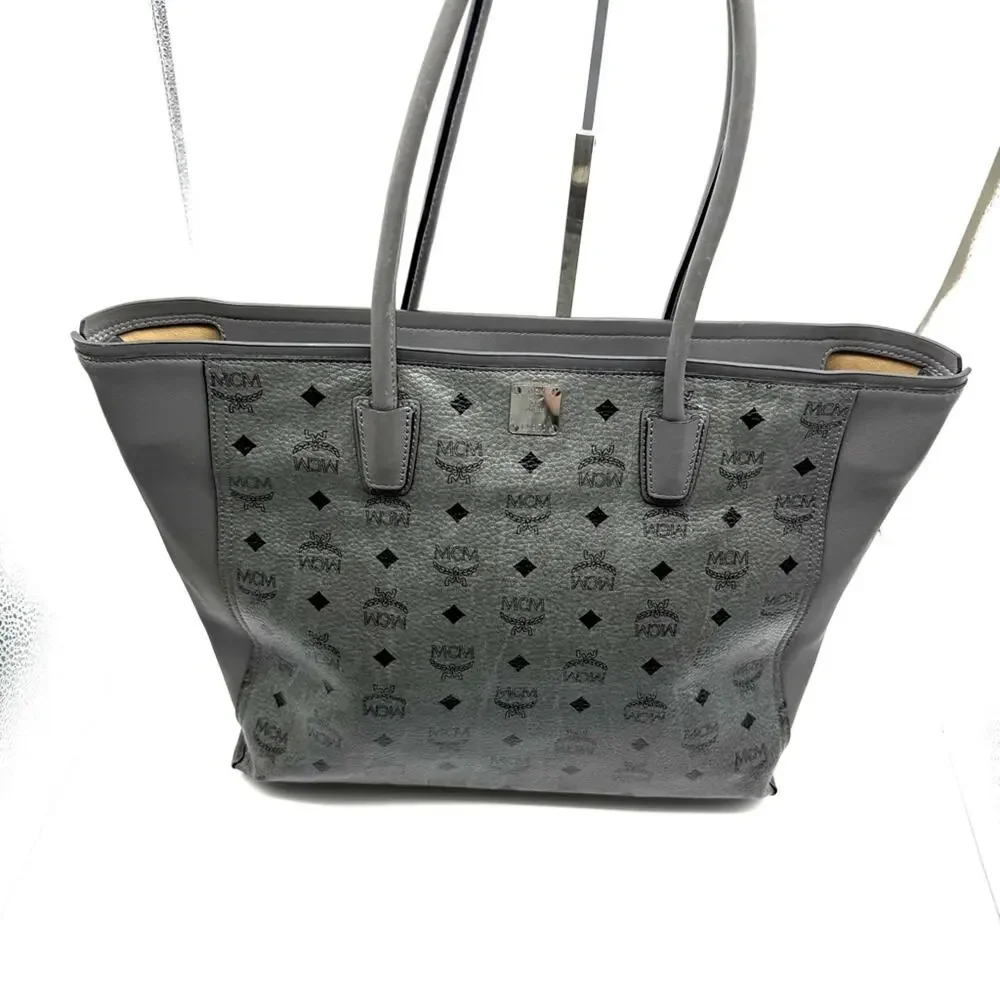 MCM Monogram Visetos Top Zip Shopper Tote Grey - Picture 14 of 16